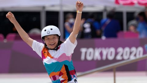 Momiji Nishiya of Japan reacts after winning the women's street skateboarding event on July 26 at the Tokyo Olympics.
