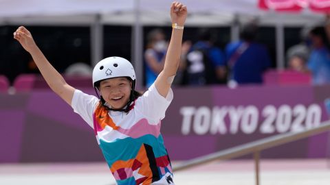 Momiji Nishiya of Japan reacts after winning the women's street skateboarding event on July 26 at the Tokyo Olympics.