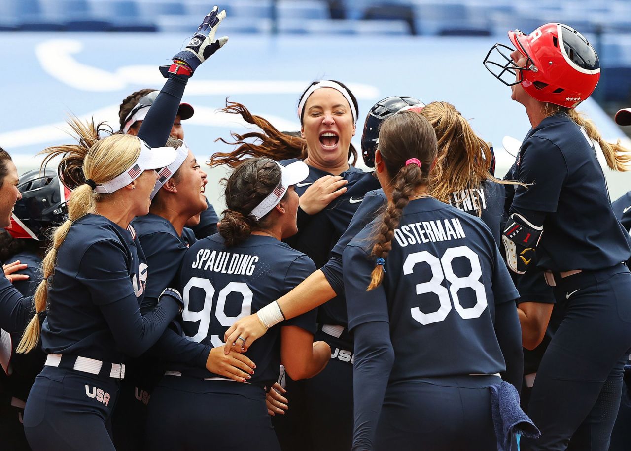 The US softball team celebrates its 2-1 win over Japan on July 26. The two teams will meet again in the gold-medal game July 27.