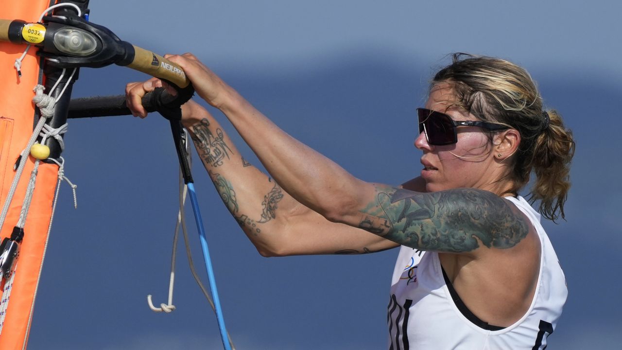 Poland's Zofia Noceti-Klepacka competes during race two of the women's RS:X class on July 25, 2021, in Fujisawa, Japan.