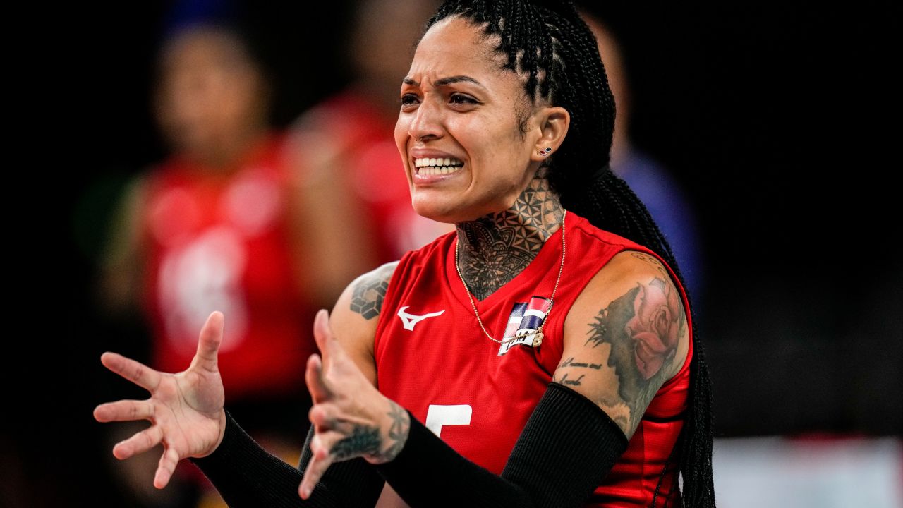 Dominican Republic women's volleyball player Brenda Castillo during a training session on July 22, 2021, in Tokyo, Japan. Castillo has multiple visible tattoos, including on her neck, arms and hand.