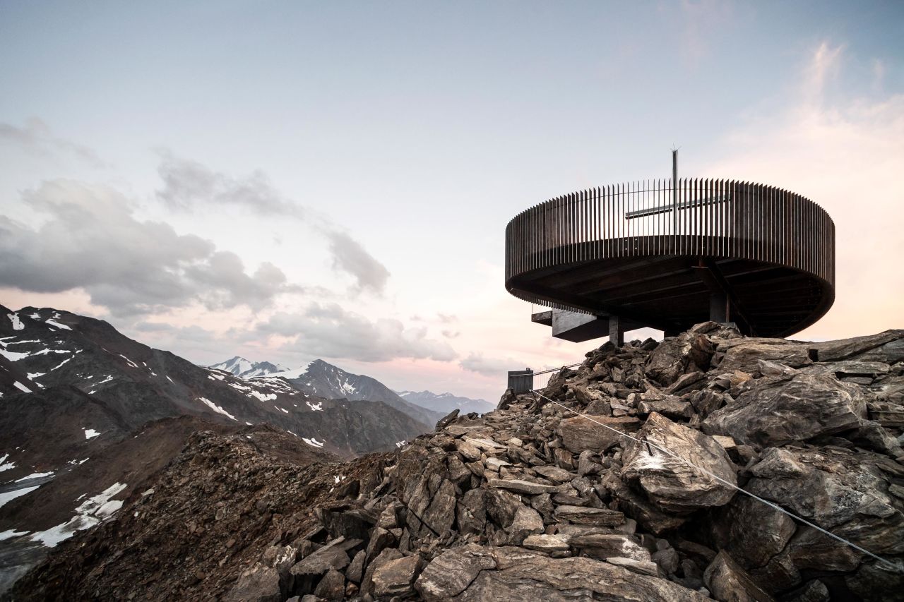 The Ötzi Peak Observation Deck, by Noa* (Network of Architecture), hovers over 10,000 feet above sea level on a glacier in Northern Italy's Schnalstal Valley.