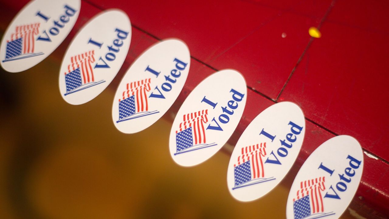 In this November 3, 2020, file photo, "I voted" stickers are made available to voters in Austin, Texas.  