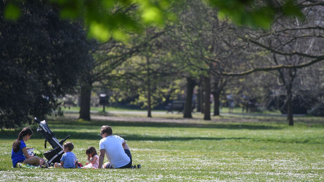 A family enjoy a picnic in London's Greenwich Park in April 2020.