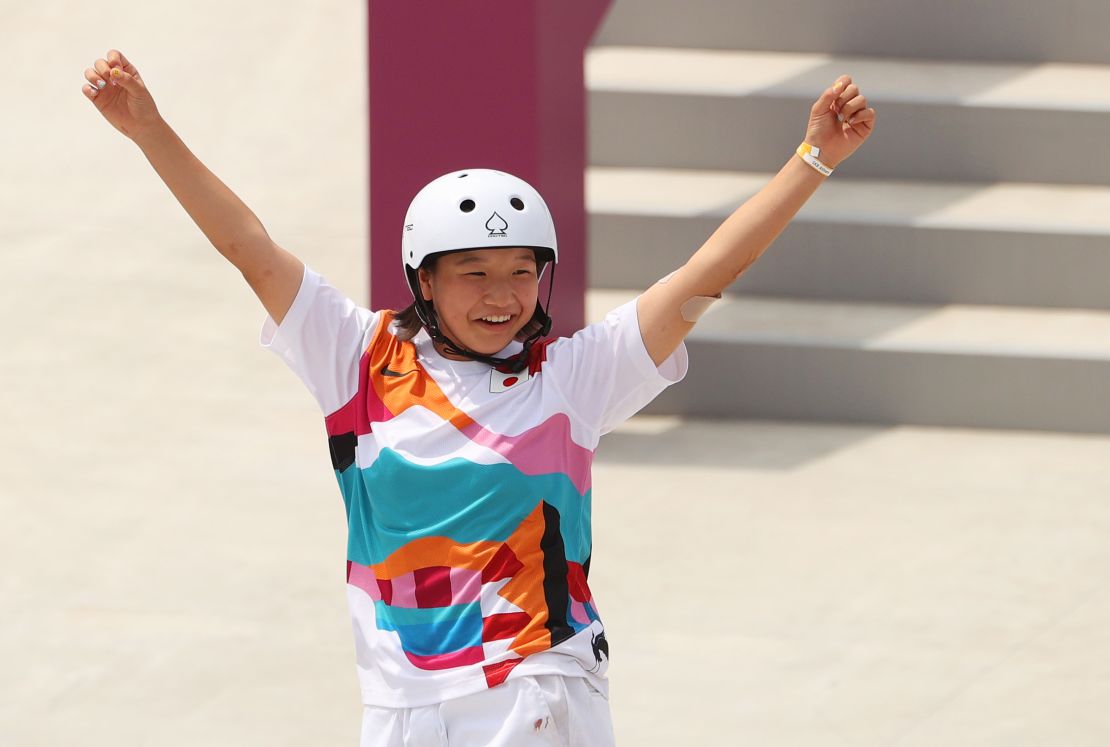 Nishiya celebrates gold in the street skateboarding final.