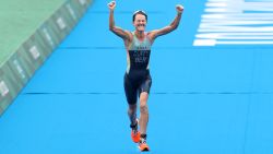 TOKYO, JAPAN - JULY 27:  Flora Duffy of Team Bermuda celebrates winning the gold medal during the Women's Individual Triathlon on day four of the Tokyo 2020 Olympic Games at Odaiba Marine Park on July 27, 2021 in Tokyo, Japan. (Photo by Cameron Spencer/Getty Images)