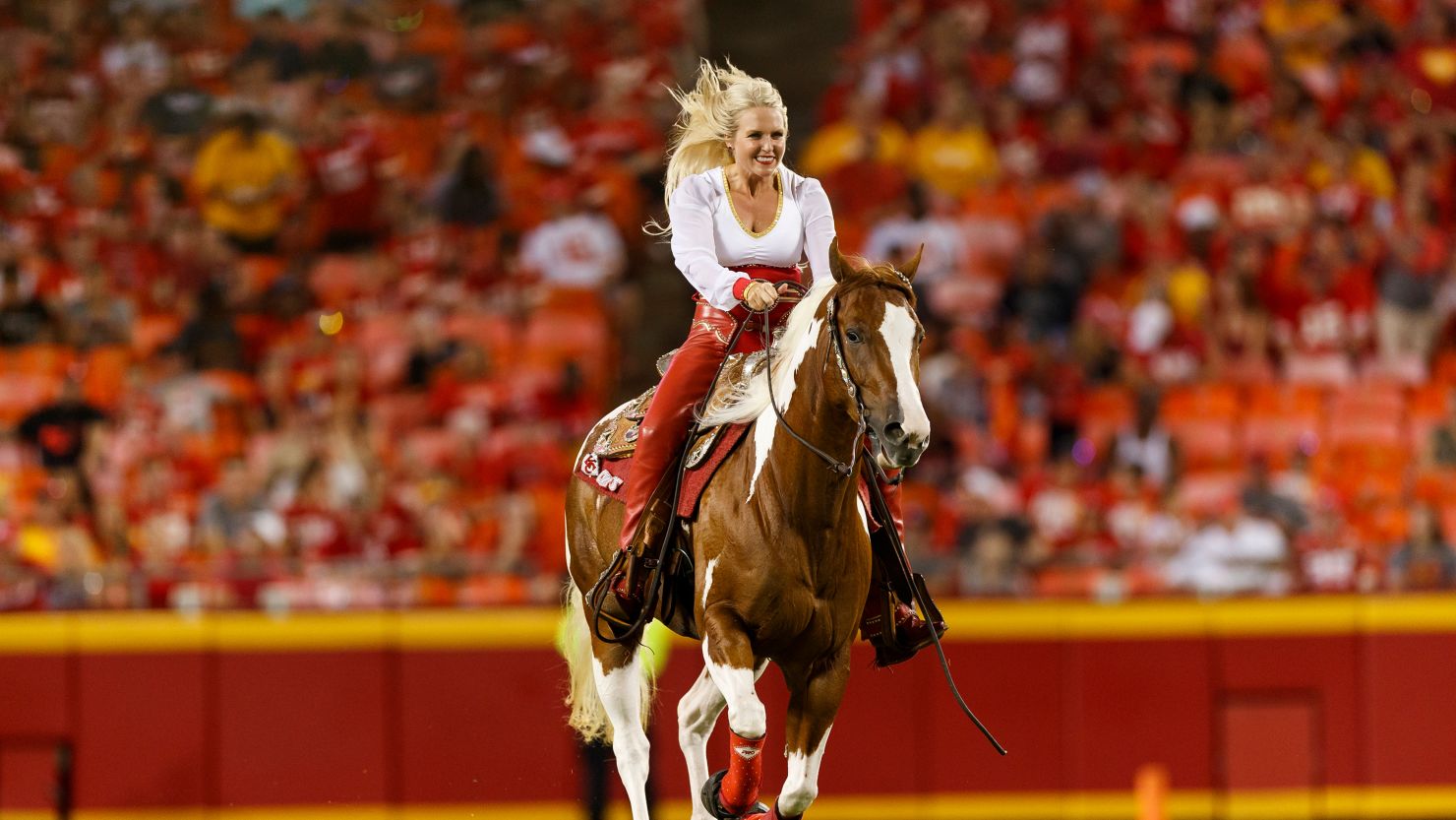 In this 2019 photo, Chiefs mascot Warpaint gallops around the field after the team scored a touchdown during a preseason game.