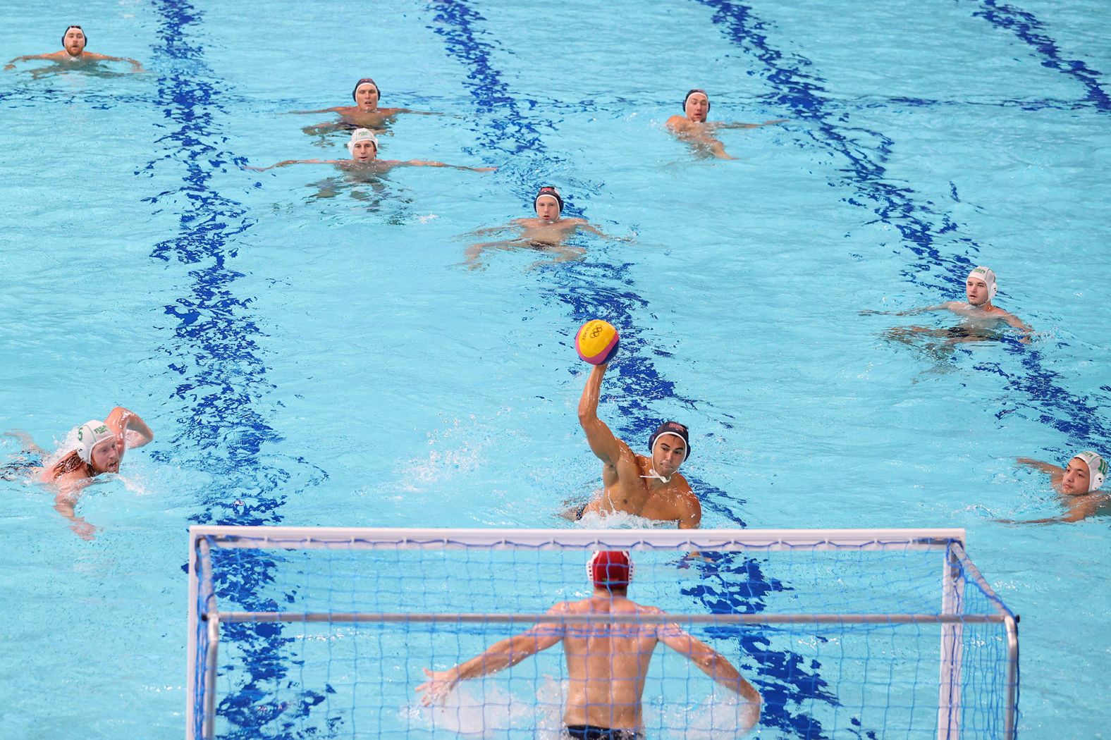 US water polo player Johnny Hooper takes a shot during the team's 20-3 win over South Africa on July 27.