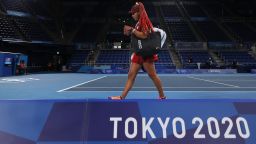Naomi Osaka of Team Japan leaves the court after defeat in her Women's Singles Third Round match against Marketa Vondrousova of Team Czech Republic on day four of the Tokyo 2020 Olympic Games at Ariake Tennis Park on July 27, 2021 in Tokyo, Japan. (Photo by David Ramos/Getty Images)