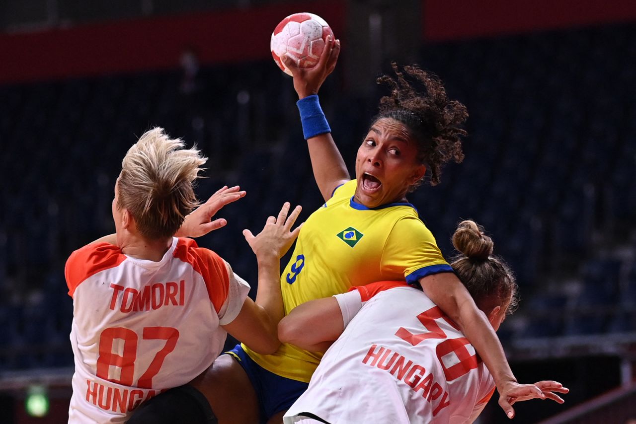 Brazil's Ana Paula Rodrigues Belo attempts to shoot during a handball match against Hungary on July 27.