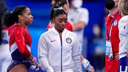 Jul 27, 2021; Tokyo, Japan; Simone Biles (USA) wears her warm up gear after competing on the vault during the Tokyo 2020 Olympic Summer Games at Ariake Gymnastics Centre. Mandatory Credit: Danielle Parhizkaran-USA TODAY Sports