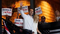 Texas Land Commissioner George P. Bush arrives for a kick-off rally with his wife Amanda to announced he will run for Texas Attorney General, Wednesday, June 2, 2021, in Austin, Texas. (AP Photo/Eric Gay)