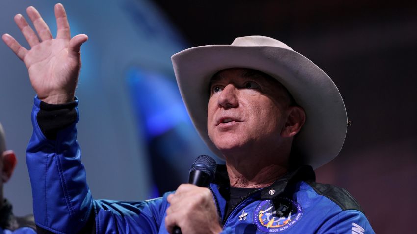 VAN HORN, TEXAS - JULY 20: Jeff Bezos speaks about his flight on Blue Origin's New Shepard into space during a press conference on July 20, 2021 in Van Horn, Texas. Mr. Bezos and the  crew that flew with him were the first human spaceflight for the company. (Photo by Joe Raedle/Getty Images)