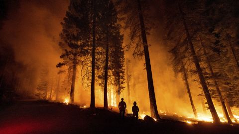 Cal Fire Capts. Tristan Gale, left, and Derek Leong monitor a firing operation in California's Lassen National Forest on July 26. Crews had set a ground fire to stop the Dixie Fire from spreading.