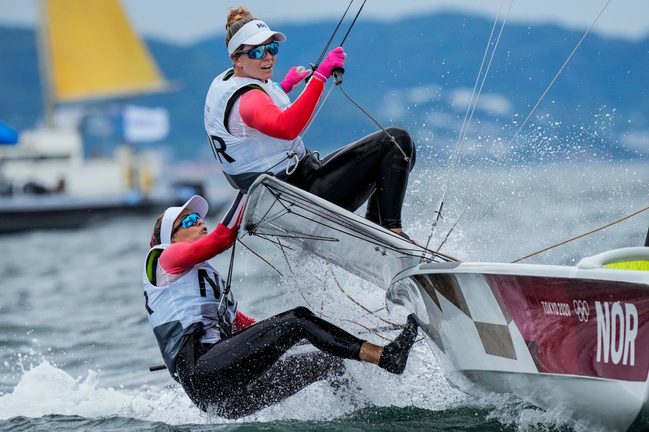 Norway's Helene Naess and Marie Ronningen compete in the 49erFX sailing competition on July 27.
