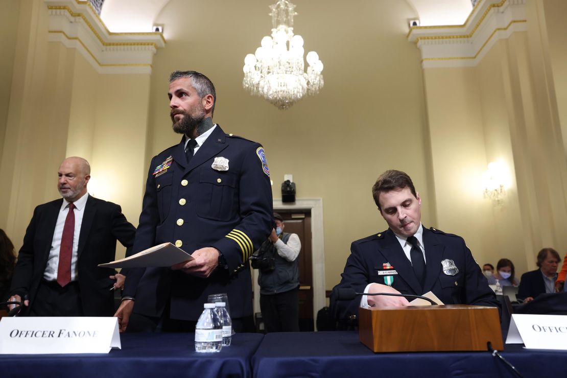 DC Metropolitan Police Department Officers Michael Fanone (at left) and Daniel Hodges (at right) arrive to testify before the committee hearing.