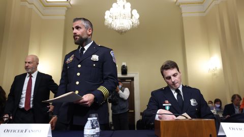 DC Metropolitan Police Department Officers Michael Fanone (at left) and Daniel Hodges (at right) arrive to testify before the committee hearing.