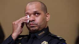 U.S. Capitol Police officer Sgt. Aquilino Gonell becomes emotional as he testifies before the House Select Committee investigating the January 6 attack on the U.S. Capitol on July 27, 2021 at the Canon House Office Building in Washington, DC. Members of law enforcement testified about the attack by supporters of former President Donald Trump on the U.S. Capitol. According to authorities, about 140 police officers were injured when they were trampled, had objects thrown at them, and sprayed with chemical irritants during the insurrection. 