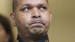  U.S. Capitol Police officer Aquilino Gonell cries as he watches a video during the House Select Committee investigating the January 6 attack on the U.S. Capitol on July 27, 2021 at the Canon House Office Building in Washington, DC. Members of law enforcement testified about the attack by supporters of former President Donald Trump on the U.S. Capitol. According to authorities, about 140 police officers were injured when they were trampled, had objects thrown at them, and sprayed with chemical irritants during the insurrection. (Photo by Andrew Harnik/Pool/Getty Images)