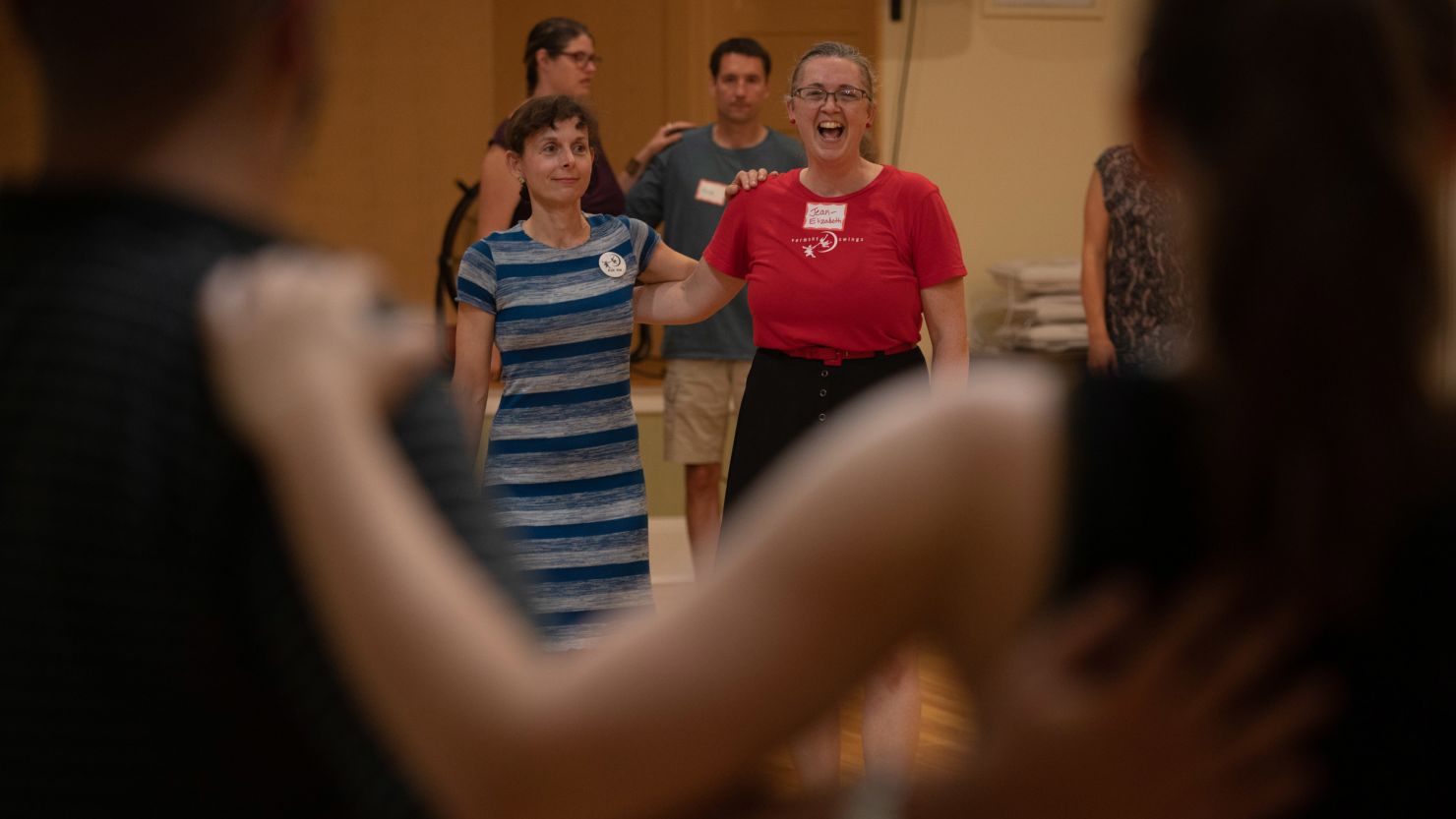 Lisa Pompei and Jean Elizabeth Shockley lead a swing dance class at The Champlain Club in Burlington, Vermont.