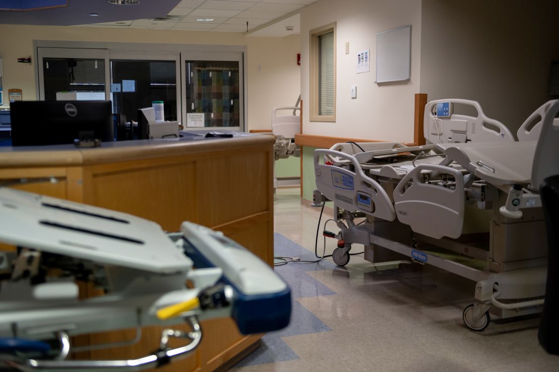 Empty beds sit in the hallway of a decommissioned Covid-19 unit at Northwestern Medical Center in St. Albans, Vermont. It would take about half a day to get the unit back up and running in the event of another outbreak.