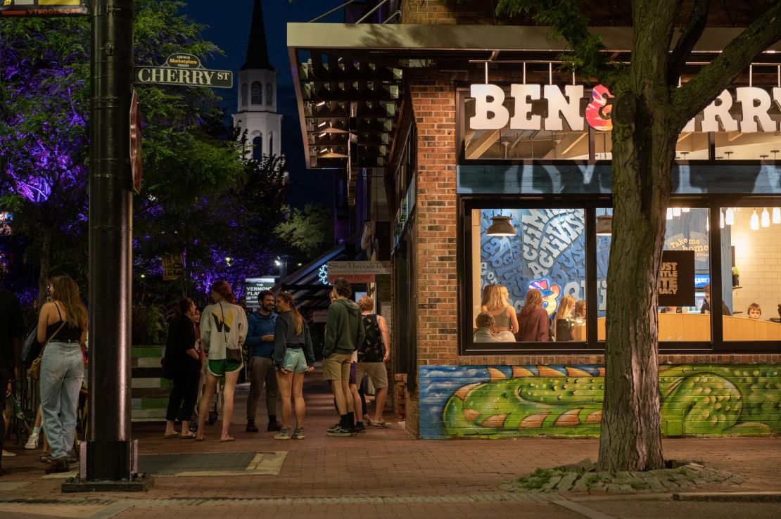 People wait in line for Ben & Jerry's ice cream in downtown Burlington.