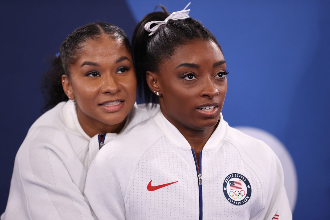 Jordan Chiles and Simone Biles of Team United States react during the Women's Team Final on day four of the Tokyo 2020 Olympic Games.