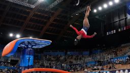Simone Biles, of the United States, performs on the vault during the artistic gymnastics women's final at the 2020 Summer Olympics, Tuesday, July 27, 2021, in Tokyo. (AP Photo/Ashley Landis)