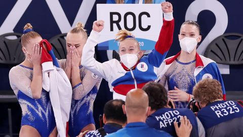 Team ROC celebrates winning the gold medal in the women's team gymnastic final at Tokyo 2020.