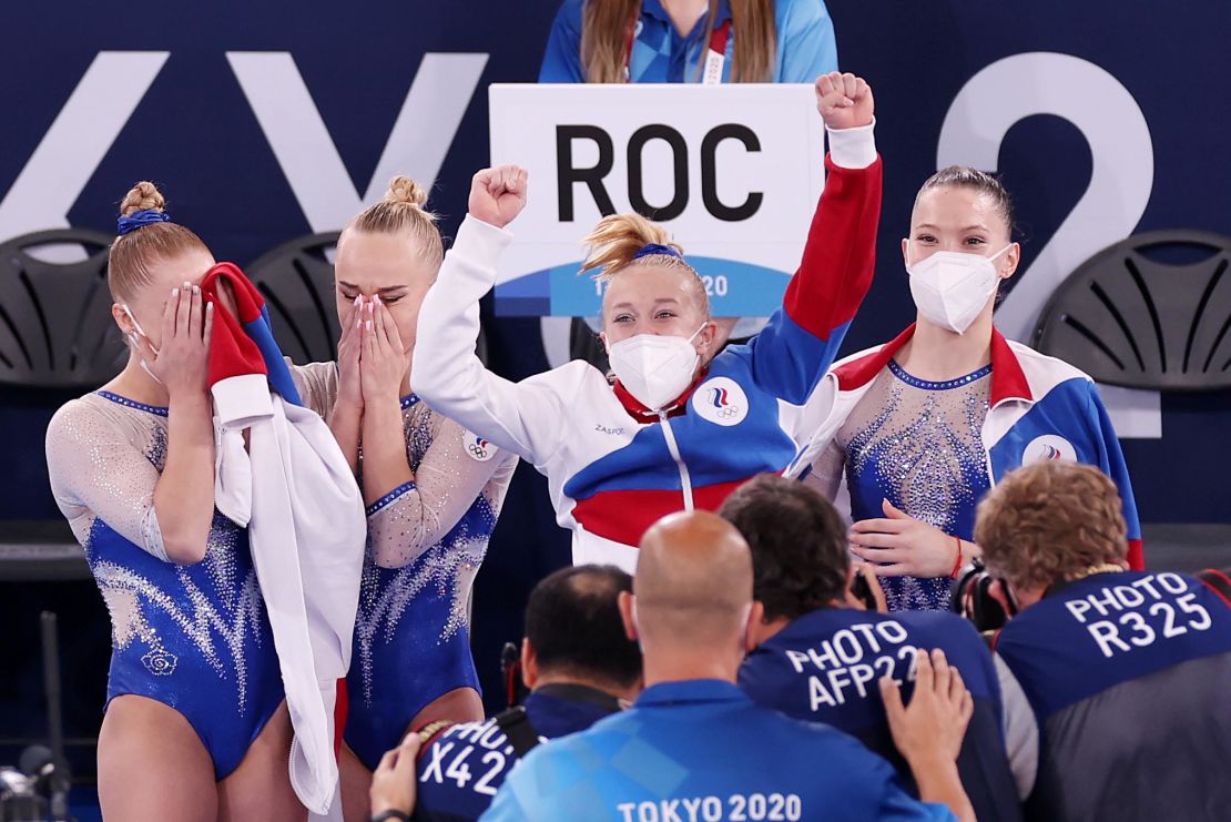 Team ROC celebrates winning the gold medal in the women's team gymnastic final at Tokyo 2020.