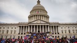 A large group of rioters stand on the East steps of the Capitol Building after storming its grounds on January 6, 2021 in Washington, DC.