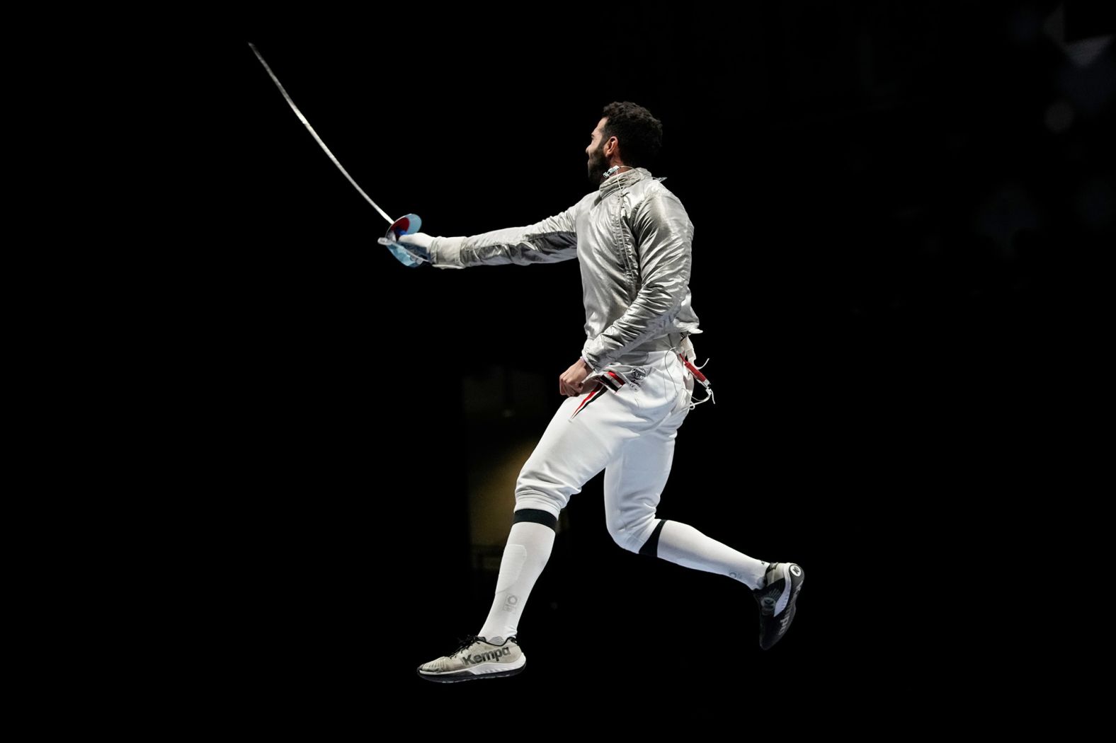 Egyptian fencer Ziad Elsissy celebrates a team sabre win on July 28.