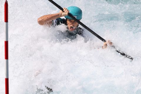 French slalom canoeist Marie-Zélia Lafont competes in the K-1 semifinal on July 27.