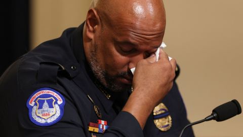 US Capitol Police officer Harry Dunn becomes emotional as he testifies during the Select Committee investigation of the January 6, 2021 attack on the US Capitol.