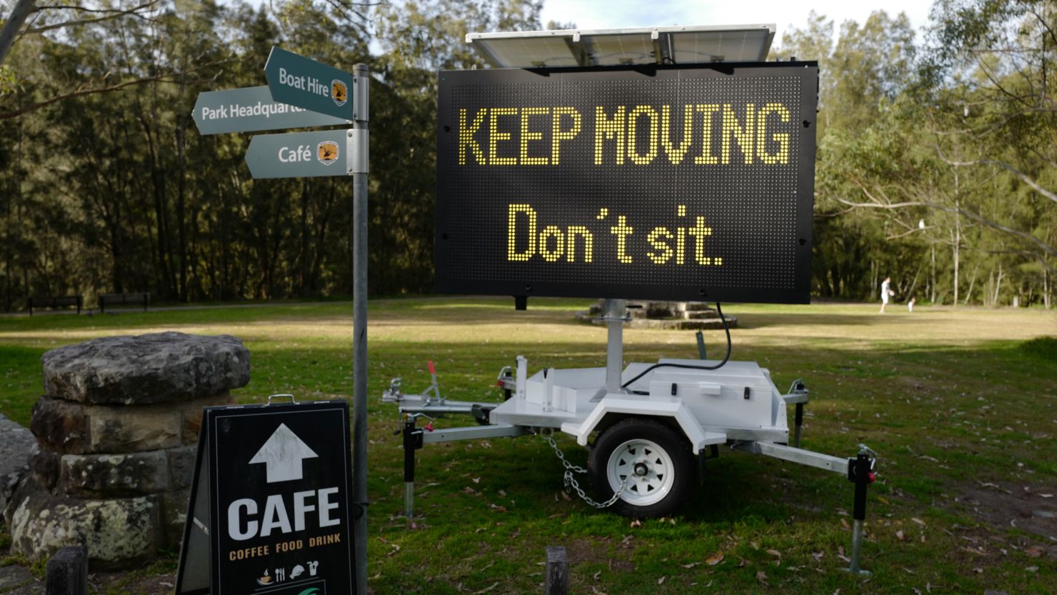 Digital Covid-19 warning signs in the Lane Cove National Park on July 27, 2021 in Sydney, Australia. 