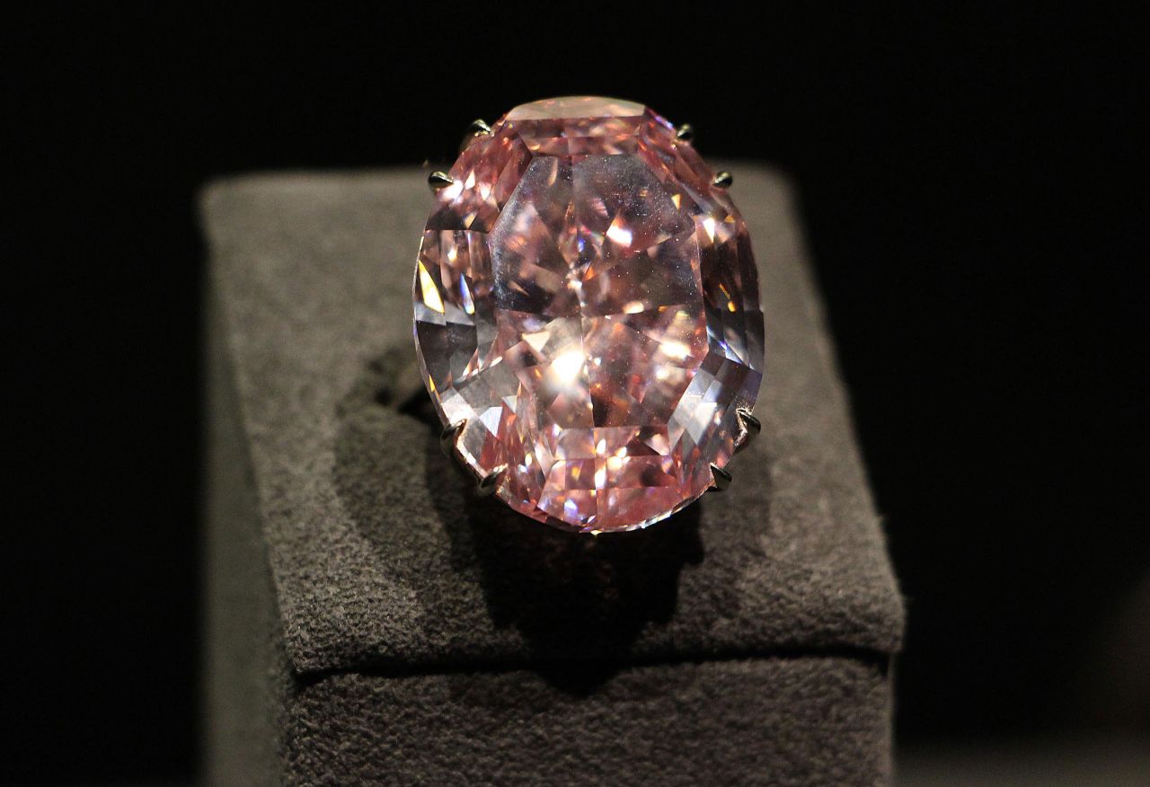 A close up of the "CTF Pink Star," a 60 carat vivid pink diamond sold for $83 million in 2017.