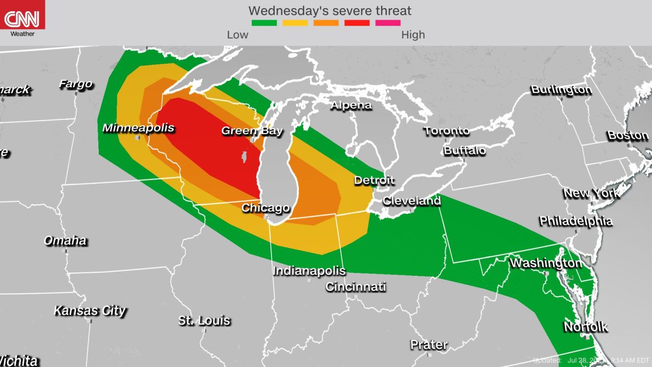 A moderate risk for severe weather has been issued for the Midwest by the Storm Prediction Center Wednesday