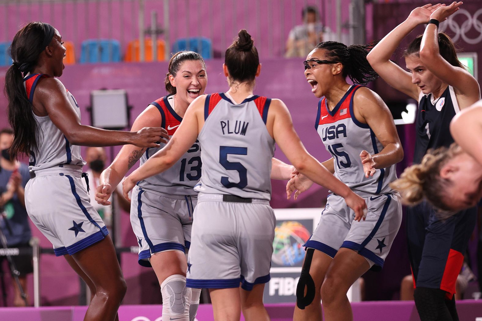From left, Jacquelyn Young, Stefanie Dolson, Kelsey Plum and Allisha Gray celebrate after <a href="index.php?page=&url=https%3A%2F%2Fwww.cnn.com%2Fworld%2Flive-news%2Ftokyo-2020-olympics-07-28-21-spt%2Fh_8aba5e07f9b1531a79bd7533f8c4ecc8" target="_blank">they won gold in 3-on-3 basketball</a> on July 28. This was the first year that 3-on-3 was an Olympic event.
