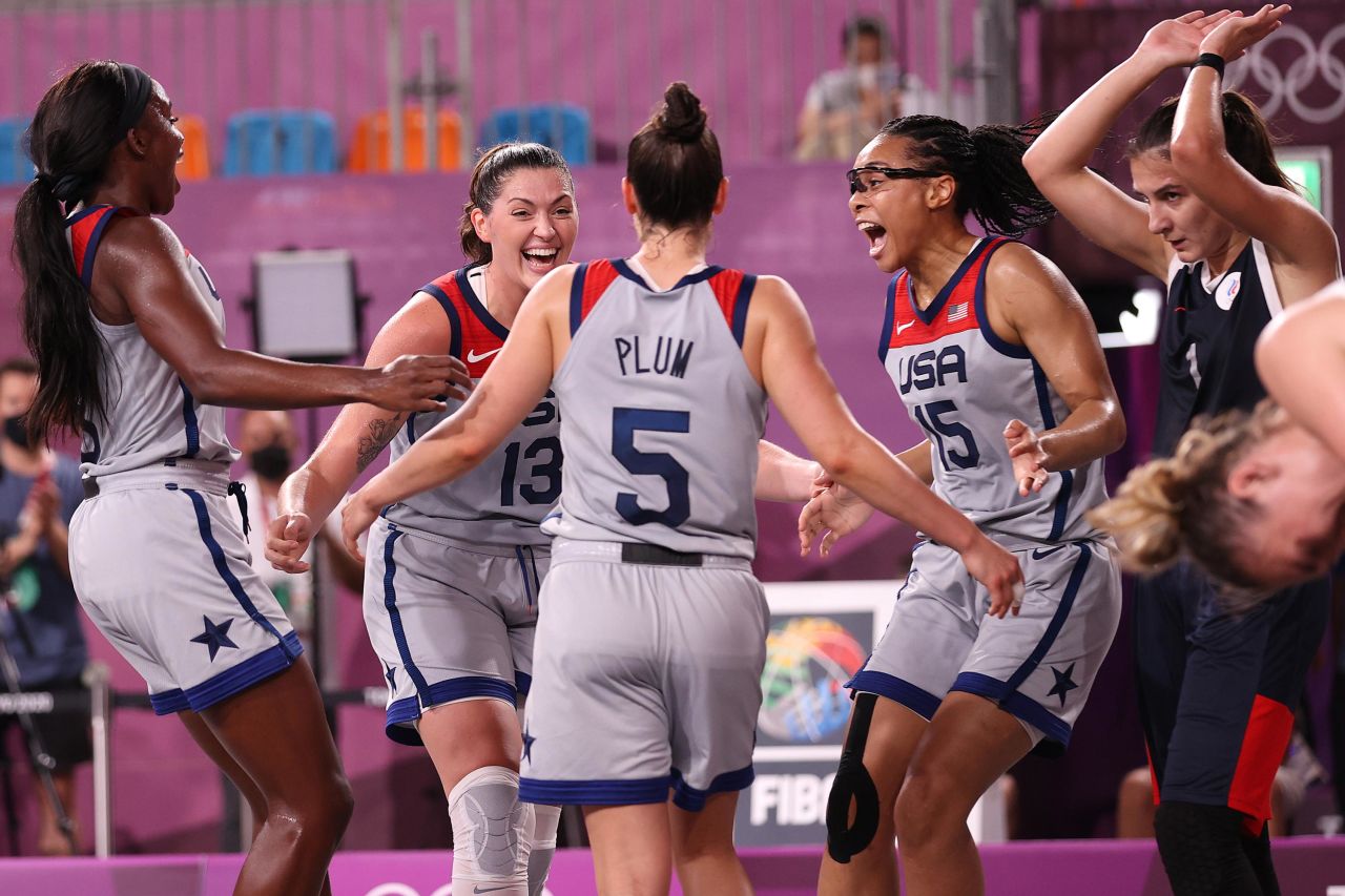 From left, Jacquelyn Young, Stefanie Dolson, Kelsey Plum and Allisha Gray celebrate after <a href="https://www.cnn.com/world/live-news/tokyo-2020-olympics-07-28-21-spt/h_8aba5e07f9b1531a79bd7533f8c4ecc8" target="_blank">they won gold in 3-on-3 basketball</a> on July 28. This was the first year that 3-on-3 was an Olympic event.