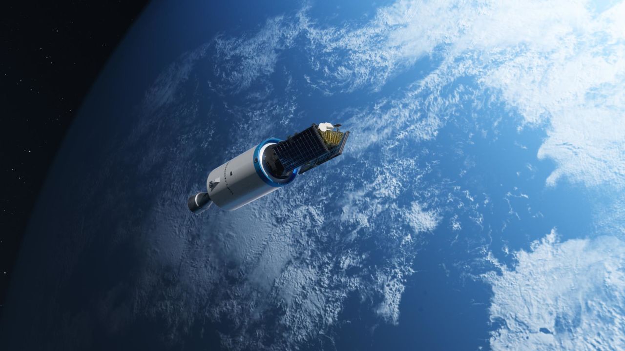 An impression of Isar Aerospace's first generation "Spectrum" rocket traveling into the Earth's orbit.