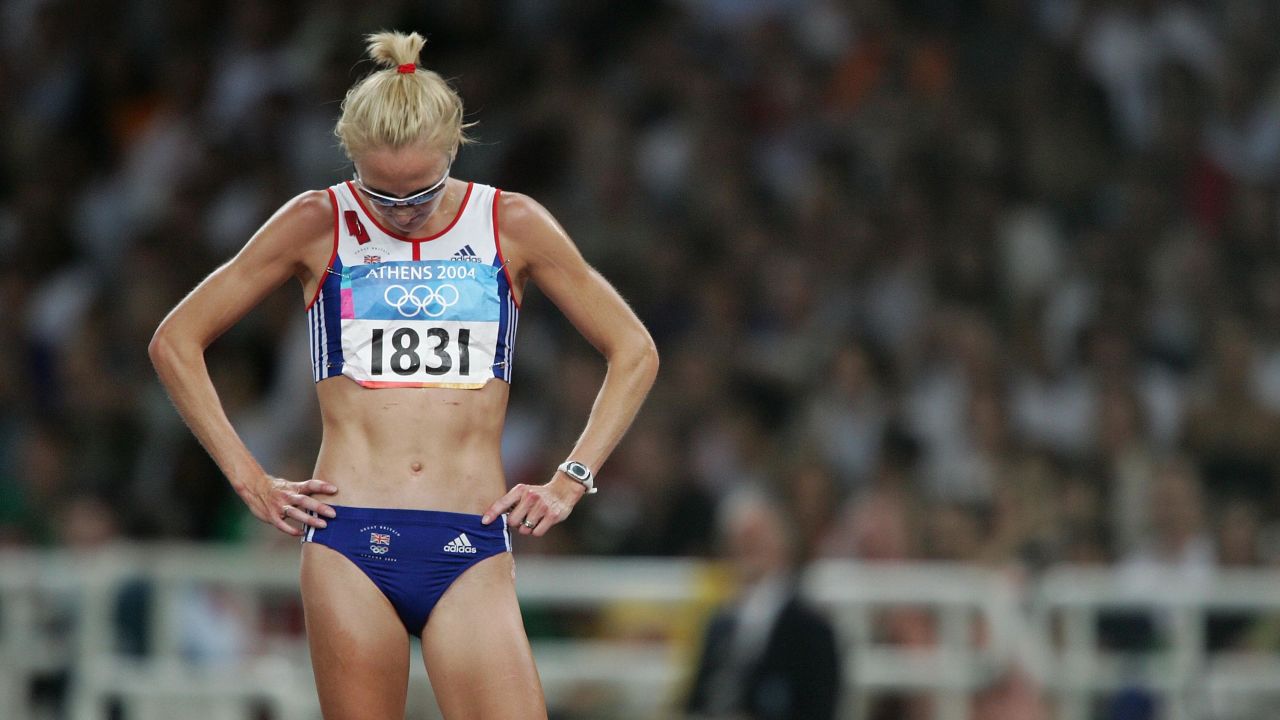 Paula Radcliffe looks dejected after she pulled out of the women's 10,000m event during the Athens 2004 Summer Olympics.