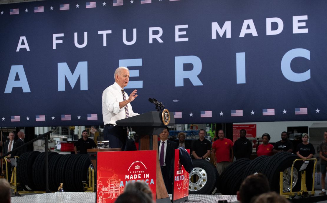 US President Joe Biden speaks about American manufacturing and the American workforce after touring the Mack Trucks Lehigh Valley Operations Manufacturing Facility in Macungie, Pennsylvania on July 28, 2021. 