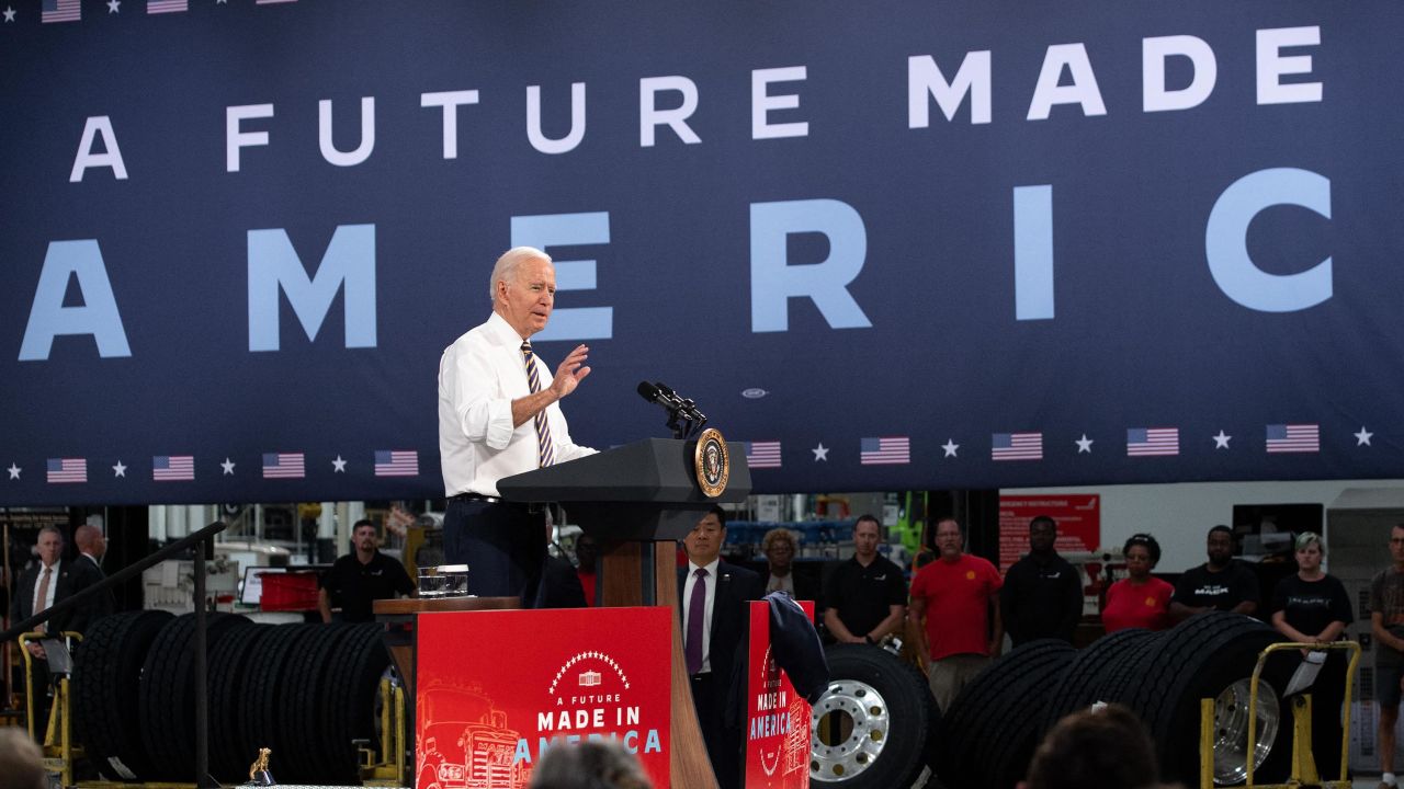 US President Joe Biden speaks about American manufacturing and the American workforce after touring the Mack Trucks Lehigh Valley Operations Manufacturing Facility in Macungie, Pennsylvania on July 28, 2021.