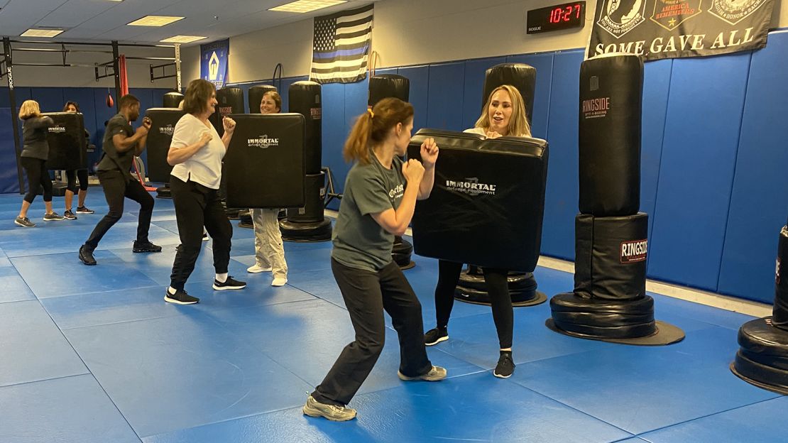 Flight attendants train at a gym in Florida.