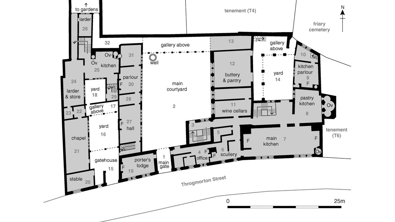 A detailed ground-floor plan of Thomas Cromwell's mansion on Throgmorton Street