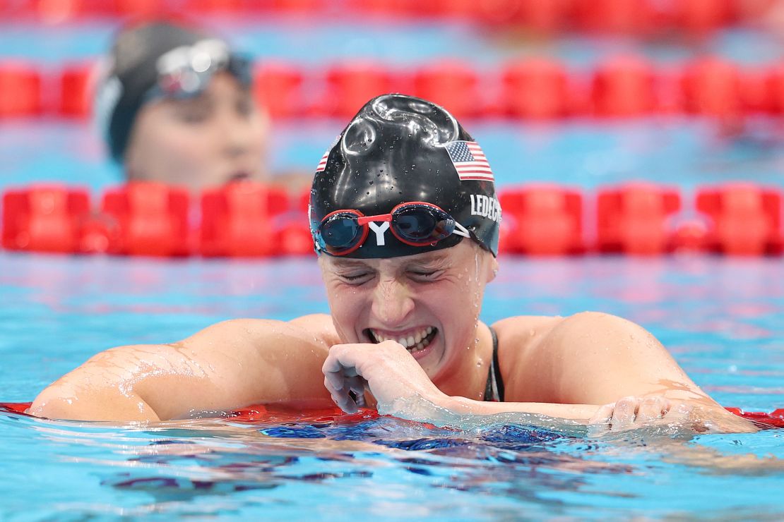 Ledecky reacts to her 1500m freestyle victory in Tokyo -- the first time the distance has been held as a women's event at the Olympics.