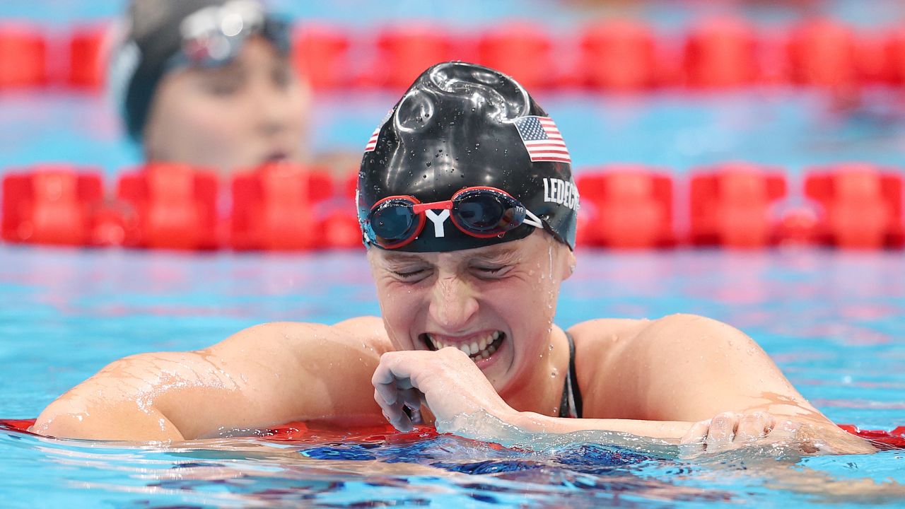 Ledecky reacts to her 1500m freestyle victory in Tokyo -- the first time the distance has been held as a women's event at the Olympics.