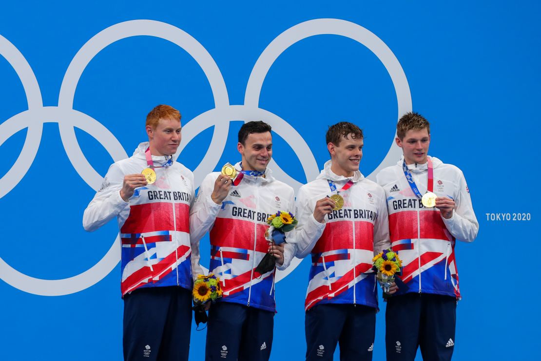 Britain's winning 4x200m relay team from left to right: Duncan Scott, Tom Dean, James Guy and Matthew Richards.