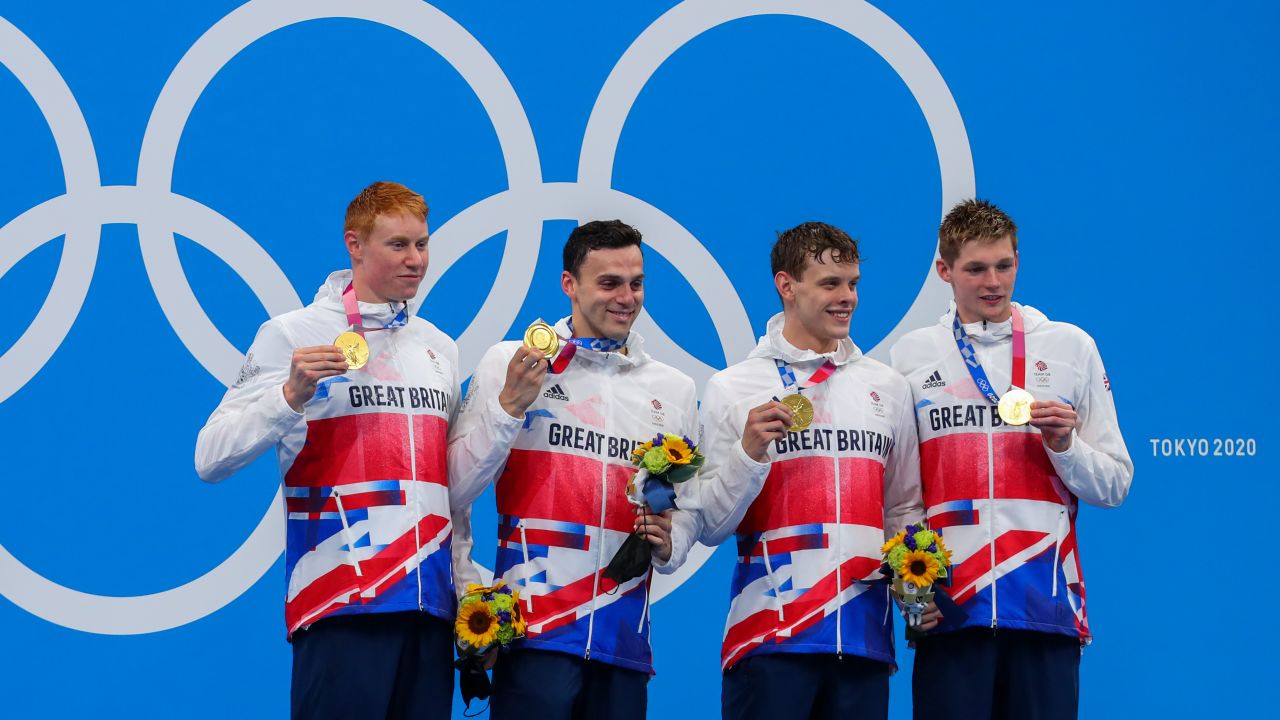 Britain's winning 4x200m relay team from left to right: Duncan Scott, Tom Dean, James Guy and Matthew Richards.