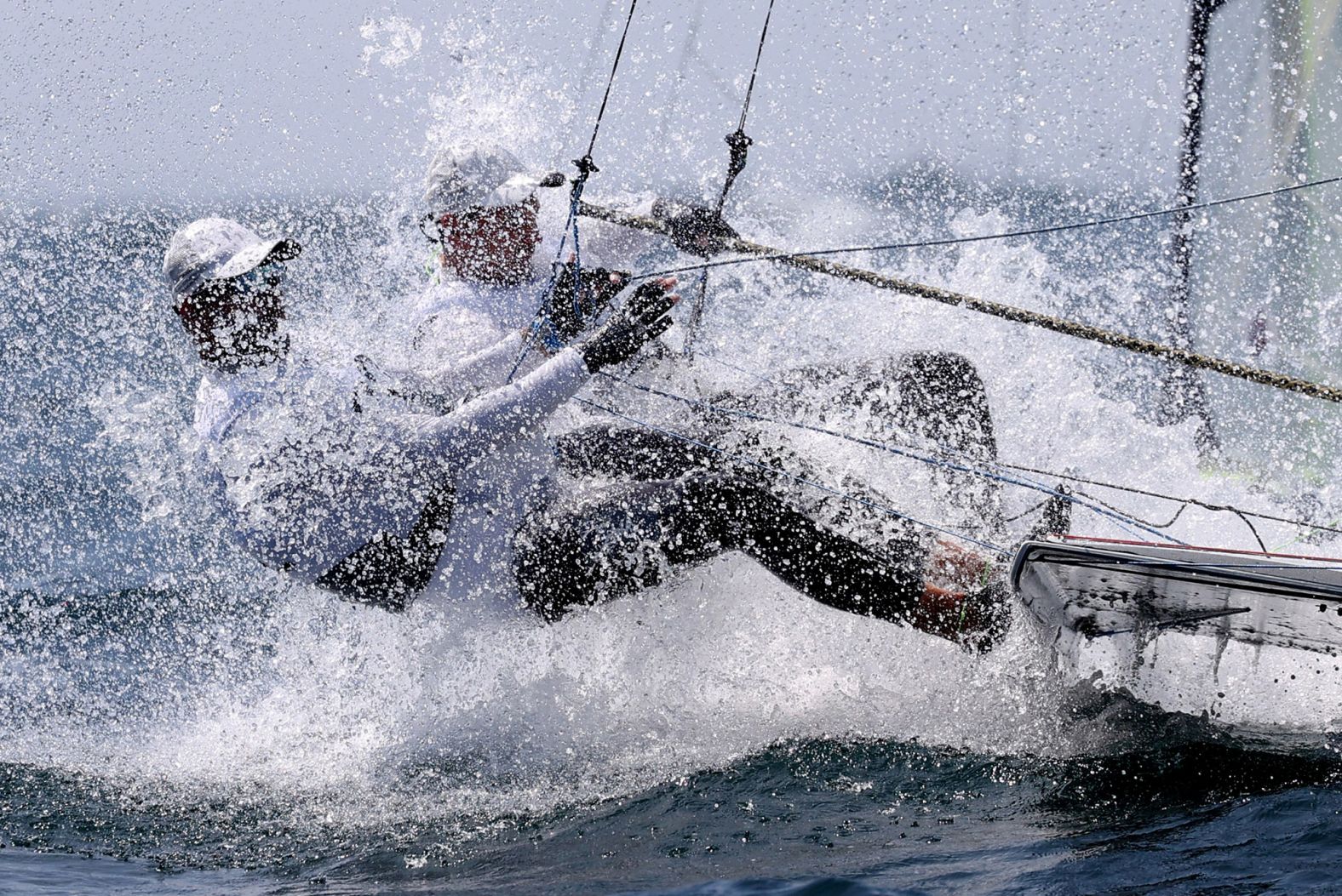 Poland's Lukasz Przybytek and Pawel Kolodzinski compete in the 49er sailing competition on July 28.